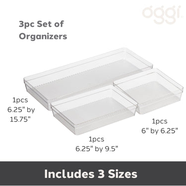 Oggi Set of 3 Clear Drawer Organizers - (1) 6x6.25, (1) 6.25x9.25, (1) 6.25x15.75 - Ideal for Organizing Kitchen Drawers, Office, Desk, Silverware, Kitchen Utensils, Cosmetics and Bathrooms